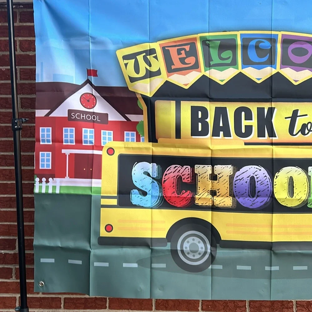 Welcome back to school bus backdrop, 5 x 3, Red blue purple, yellow green orange